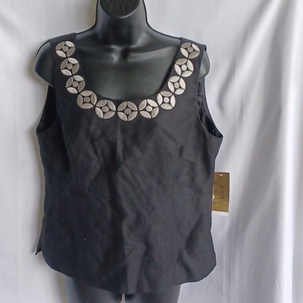 Kasper black Linen Blend Embroidered tank top, Side Zip, 12P